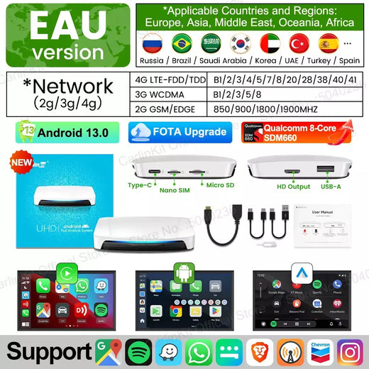 CarlinKit-Smart TV Box de saída de vídeo HDMI, Android 13, AI Box SM6225, 8 núcleos, Android Auto, Sem fio, Tela dividida, 2025