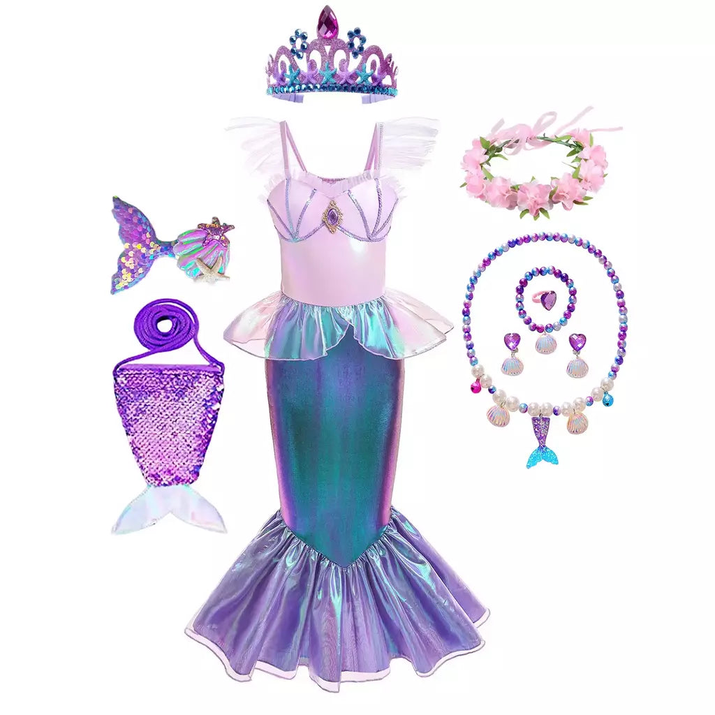 Meninas escala roxa princesa sereia ariel cosplay vestido de halloween vestido de festa de aniversário meninas verão praia vestido de férias