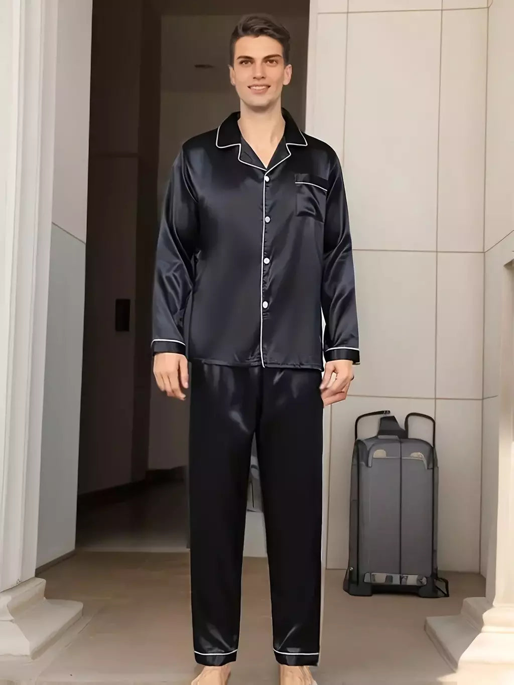 Conjuntos de pijama de seda manga comprida masculino, pijama de seda masculino, pijama de seda para casa, loungewear plus size, roupa de dormir, novo