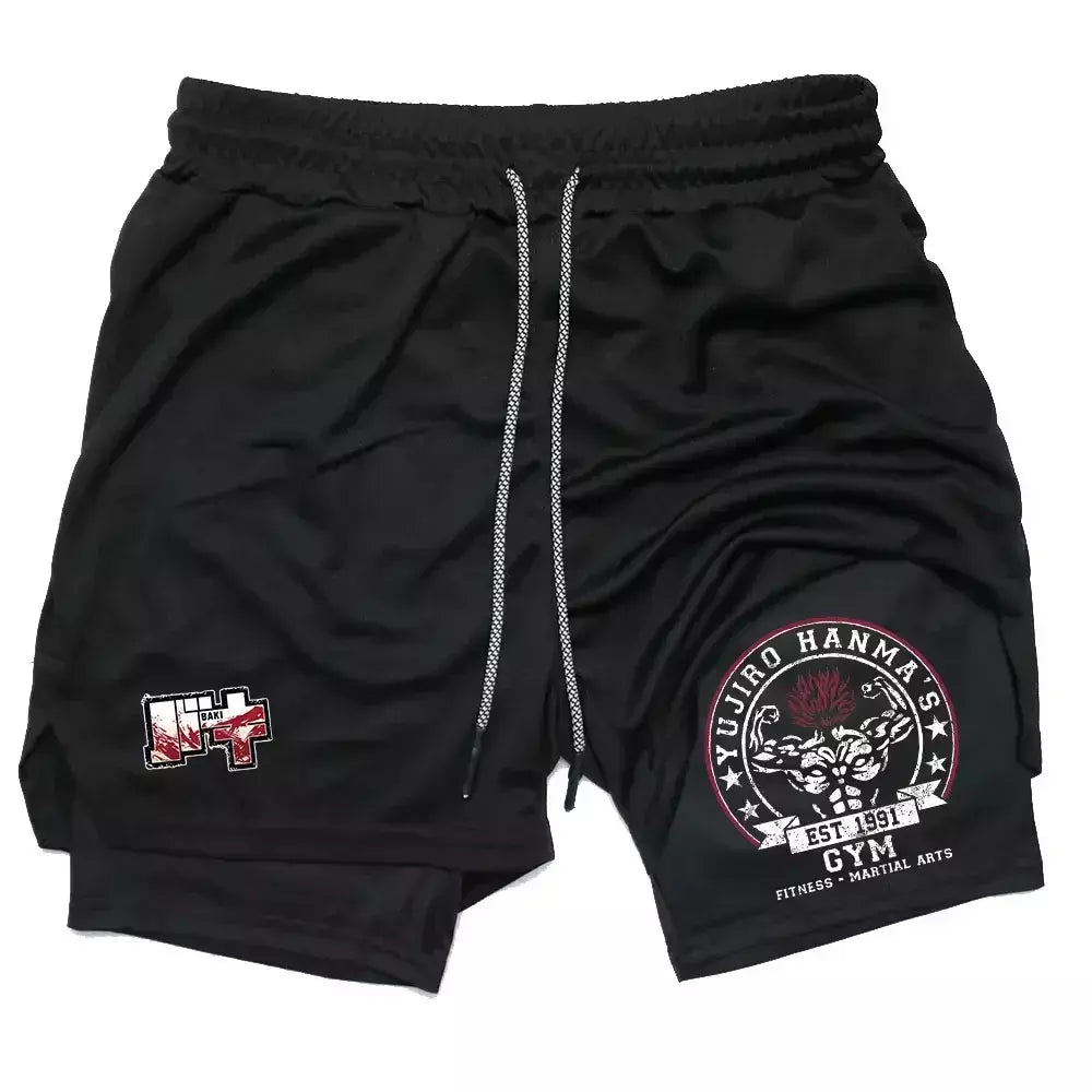 Masculino Anime 2 em 1 Calções Esportivos, Calções de Compressão Atlético Calças de Treino Fitness Running Sportwear, Desempenho Ginásio