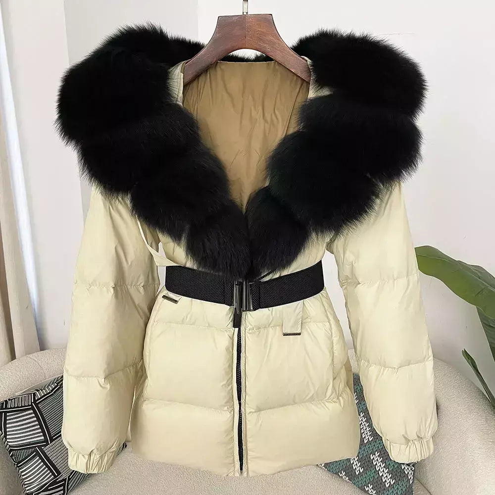 Oftbuy 2024 jaqueta de inverno feminina gola de pele de raposa natural real com capuz grosso quente 90% pato branco para baixo casaco feminino streetwear casual