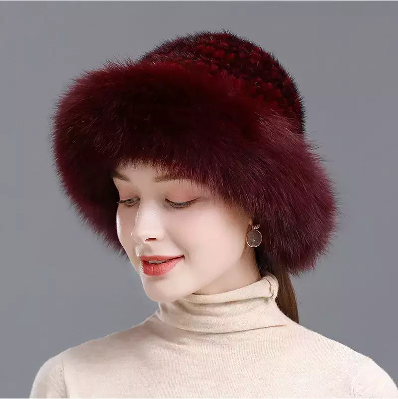 Chapéu de pele de vison genuíno para mulheres Boné de malha natural Gorros luxuosos Headwear de malha artesanal Pele de raposa real, moda inverno quente, nova