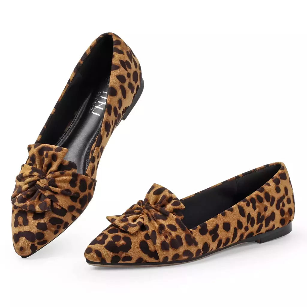 Sapatos baixos com estampa leopardo para mulheres, nó borboleta, dedo apontado, salto baixo, mocassins casuais, calçado de caminhada