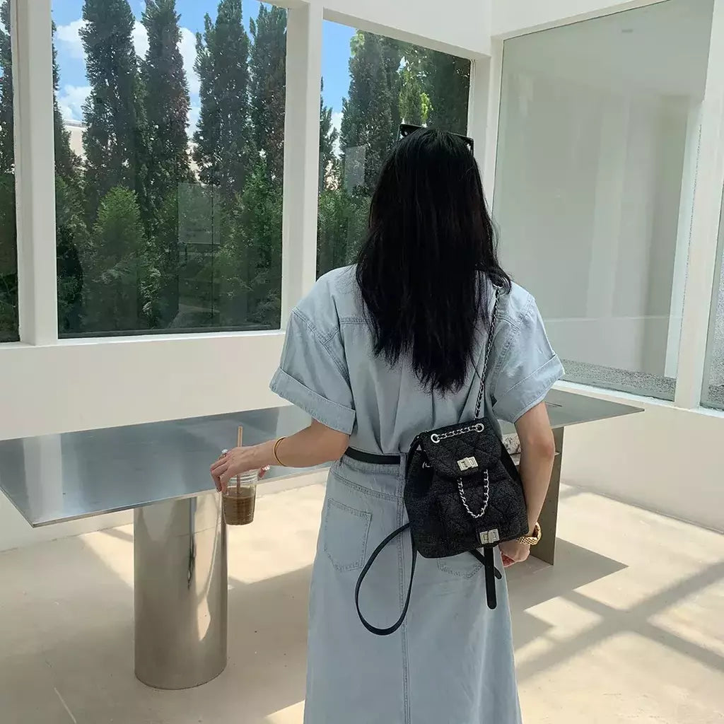 Mochila denim de rede diamante fivela de grande capacidade, bolsa de mão