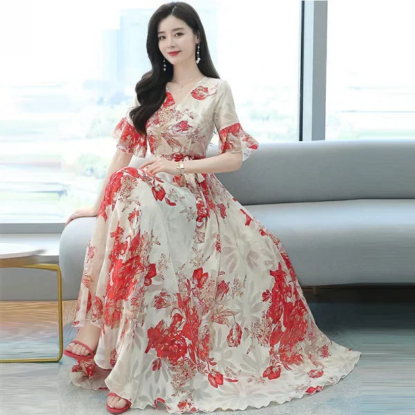 Vestido longo com cintura feminina, elegante vestido emagrecedor, manga curta, na moda