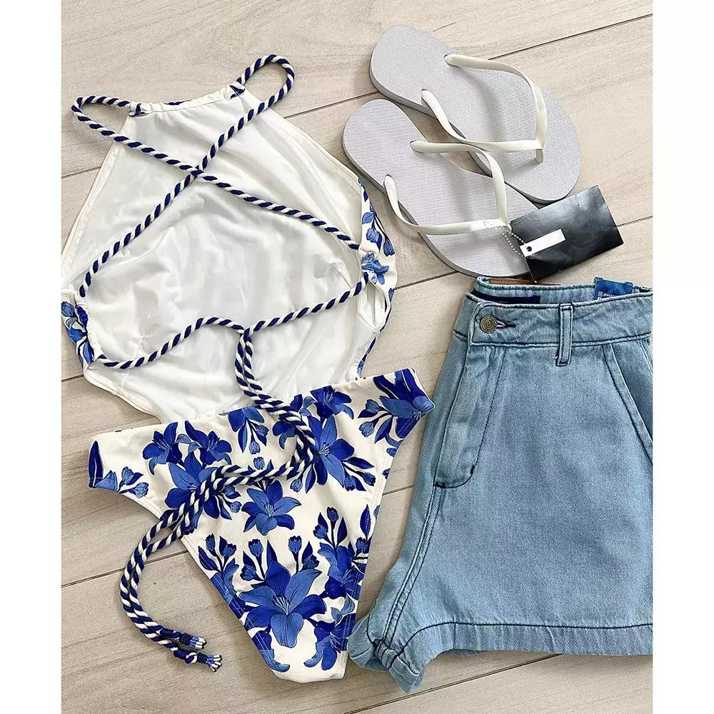 Maiô vintage de uma peça para mulheres, estampa retrô, moda praia halter, monokini sexy, maiô feminino, novo, 2024
