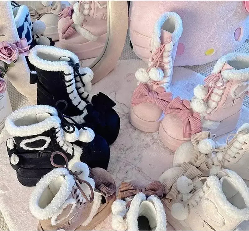 Doce inverno meninas lolita meados de bezerro botas de neve, bonito estudantes do sexo feminino pelúcia quente bowknots rendas até sapatos de salto cunha aumentando