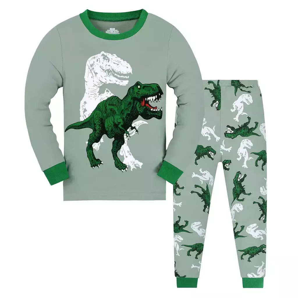 T-Rex infantil com padrão de dinossauro pijama, top e calça de manga comprida, pijama casual confortável, loungewear para menino