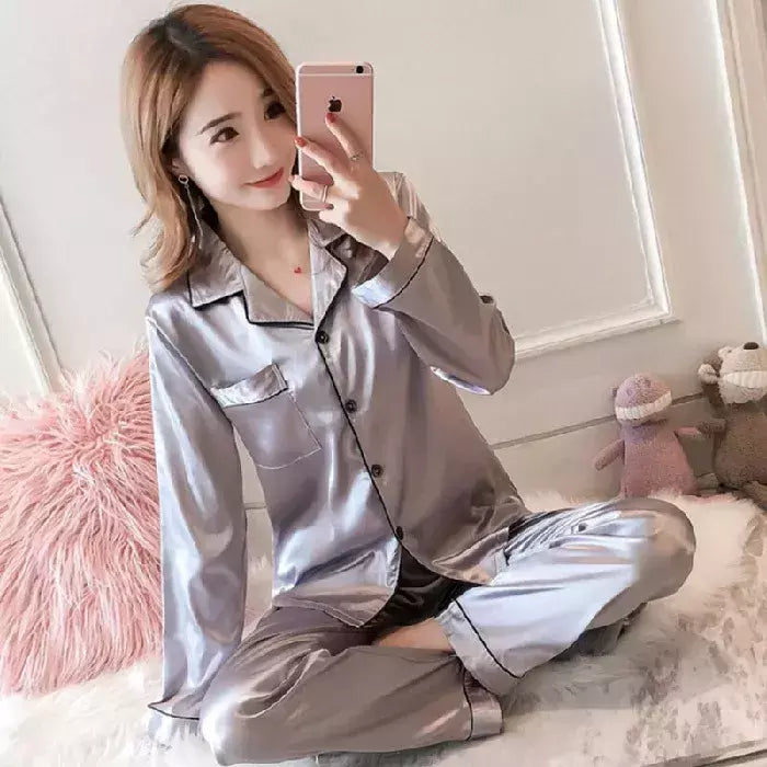 Pijama de seda gelo de mangas compridas feminino, tamanhos grandes, monocromático, casual, solto, preto, botões macios, cardigã, roupa de casa, pijamas, outono, inverno