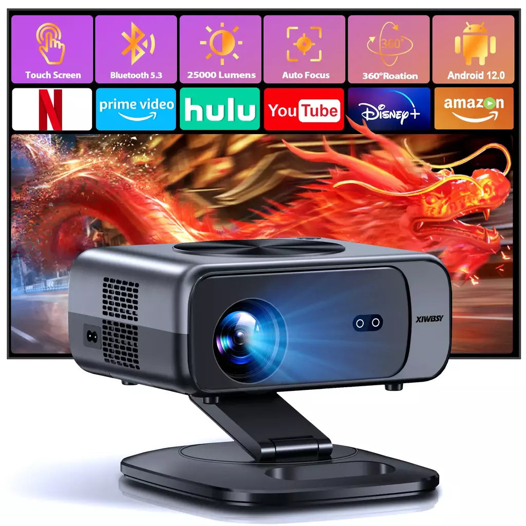 Projetor XIWBSY 2025 4K HD 800ANSI Mini projetor Wifi6 com foco automático 360 ° Projetor Home Cinema Android 12.0 de rotação para serviço gratuito