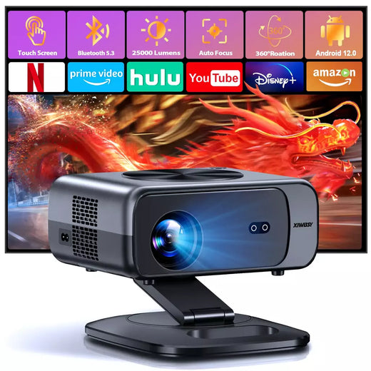 Projetor XIWBSY 2025 4K HD 800ANSI Mini projetor Wifi6 com foco automático 360 ° Projetor Home Cinema Android 12.0 de rotação para serviço gratuito
