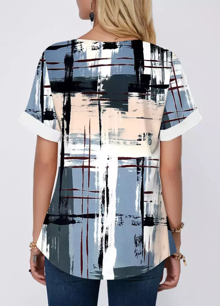 Blusas de manga curta com decote em v para mulheres, camisas casuais estampadas para senhoras, tops chiques básicos, moda verão