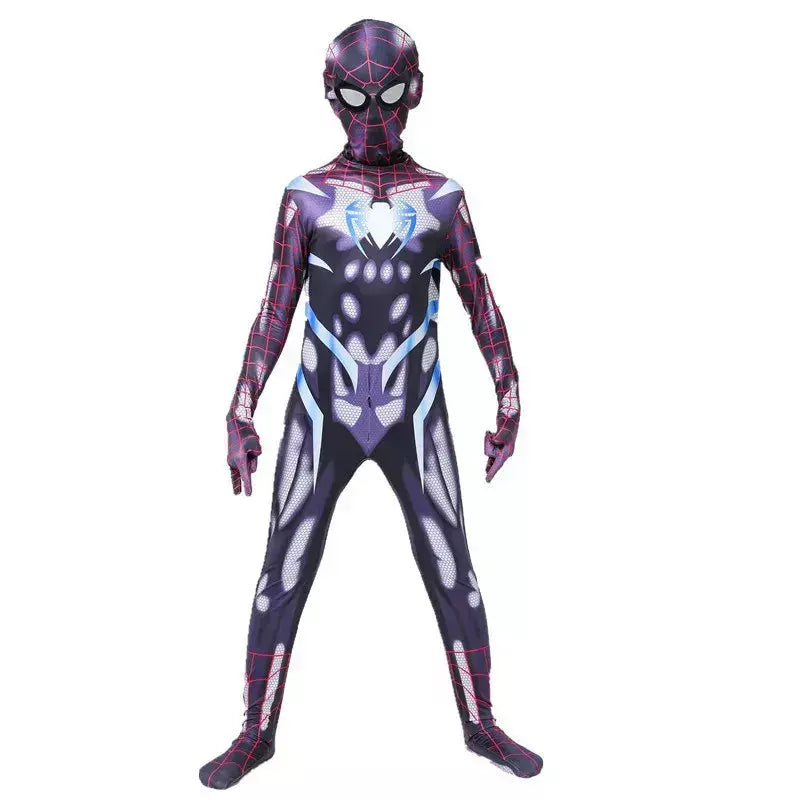 Crianças super-herói bodysuit milhas cosplay peter parker traje dos desenhos animados halloween conjunto com capuz traje de férias macacão com capuz separado