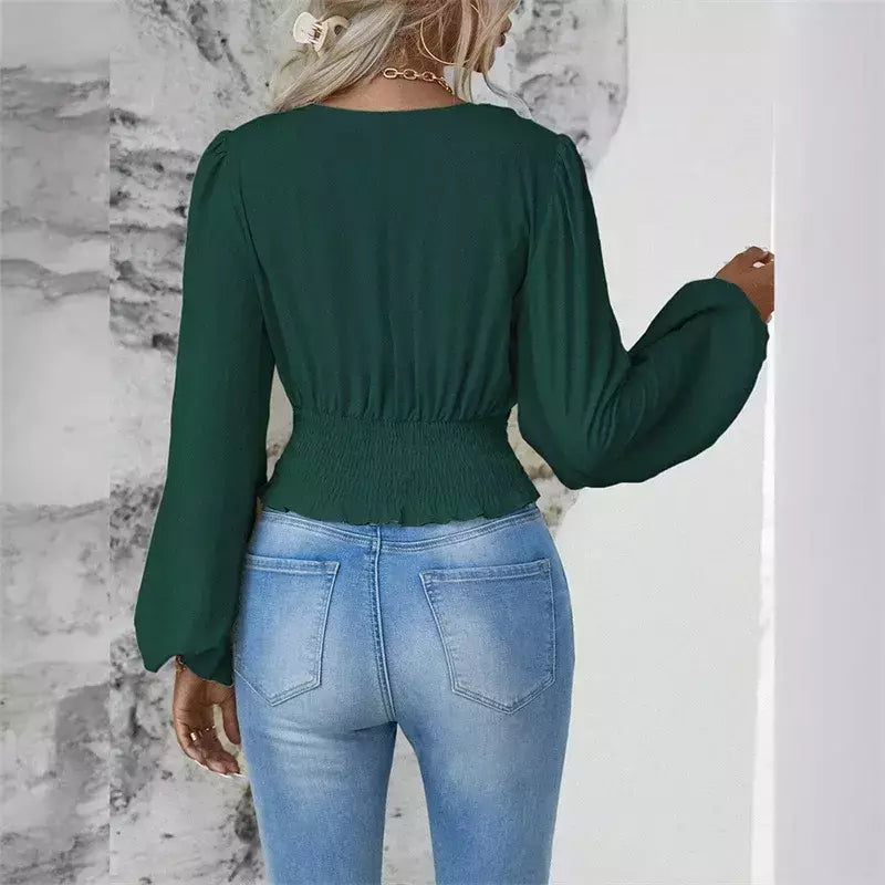 Pulôver feminino com decote V profundo, blusa feminina de manga comprida, tops casuais diários, cintura solta e magro, crossover, primavera, outono