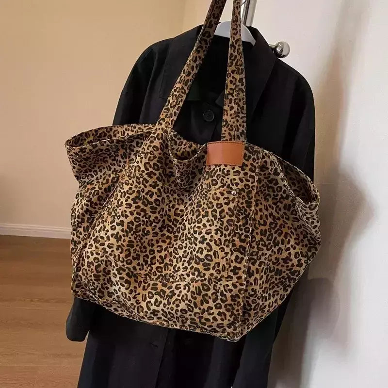 Oversized leopardo imprime sacos de ombro para mulheres lona deformável grande capacidade totes compras 2024 inverno novas bolsas luxo