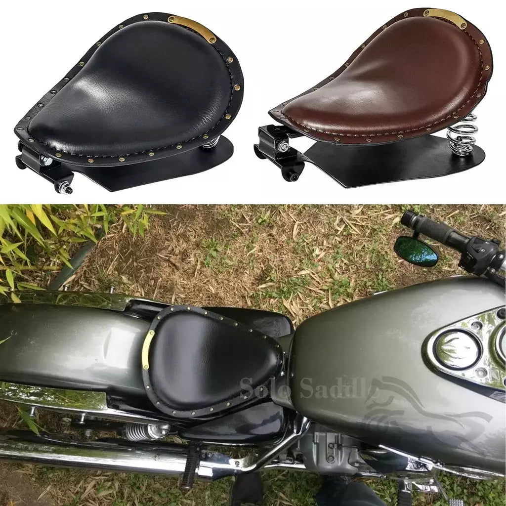 1 conjunto de assento solo de couro retrô para motocicleta + suporte de mola de 3 "para harley chopper sportster personalizado para bobber, honda e yamaha