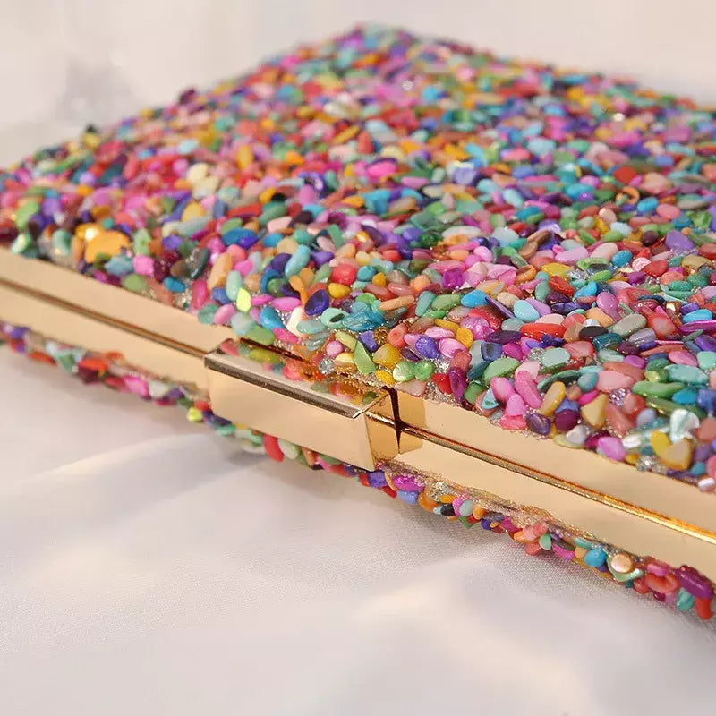 Bolsa acrílica com fecho interligado para menina, bolsa do casamento, pedra multicolorida, corrente de metal, crossbody, ombro, noite, difícil