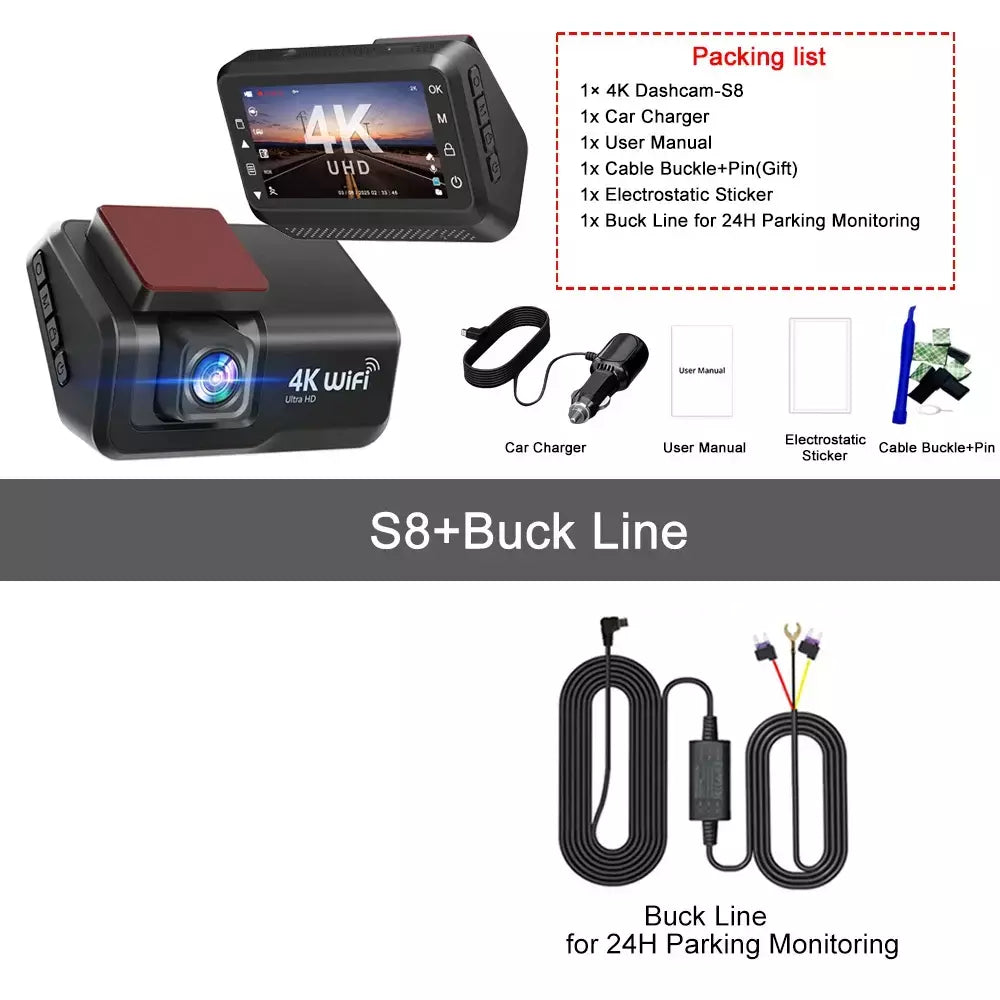 Kocam 4K UHD Dash Cam WiFi Carro DVR Dianteira e Traseira Lente Dupla Câmera Auto para Carro com Visão Noturna 24H Monitor de Estacionamento Caixa Preta