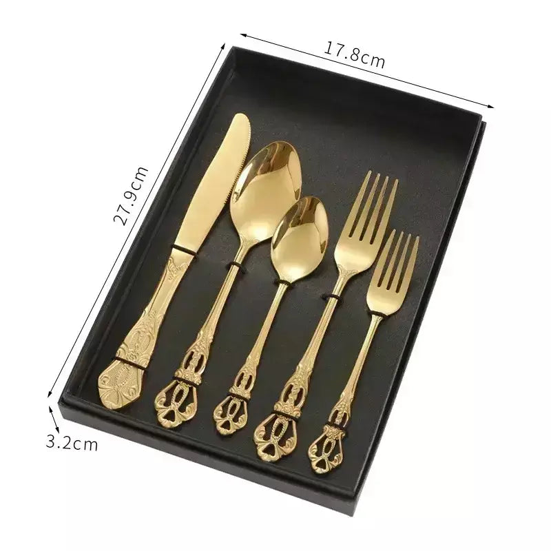 Conjunto de talheres de aço inoxidável dourado, colher europeia real, garfo, talheres completos, design retrô, seguro para máquina de lavar louça, talheres elegantes