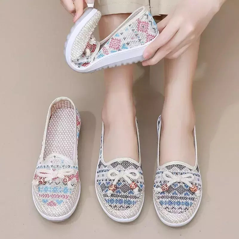 Sapatos de linho bordados para mulheres, estilo étnico, sapatos confortáveis antiderrapantes, bowknot feminino, sapatilhas macias, moda, novo