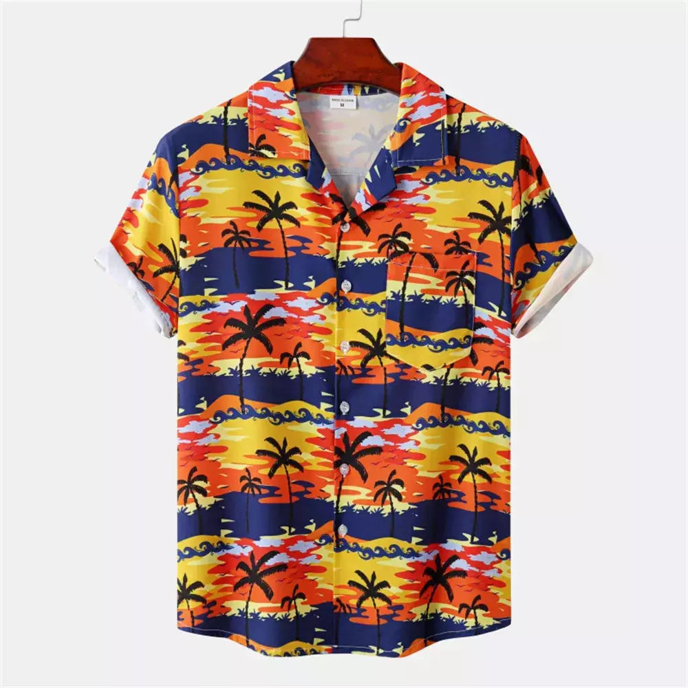 Camisa de praia de manga curta masculina, tops florais soltos, roupa de secagem rápida, estampa havaiana flamingo, férias à beira-mar