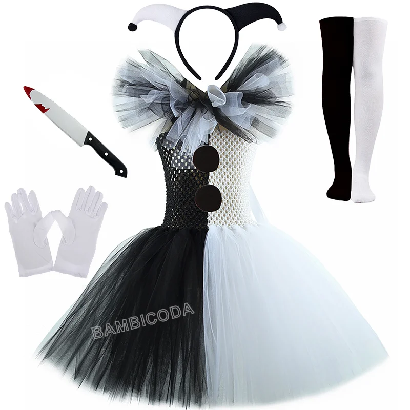 O traje de palhaço terrível arte menina preto branco fantasia tutu vestido horror coringa vestido para meninas trajes de festa de carnaval de halloween