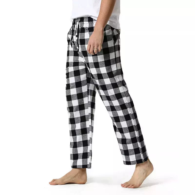 Branco preto xadrez pijama calças inferiores homens relaxando confortável macio algodão flanela casa wear respirável flanela pijama homme