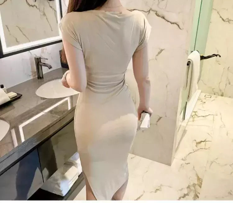 Verão novo sexy atrevido puro desejo estético fora do ombro vestido longo para as mulheres na moda fenda lateral hip cobrindo vestido