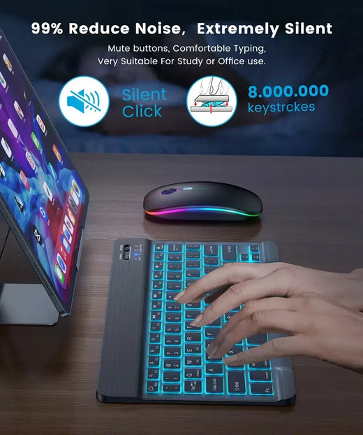Mini teclado bluetooth retroiluminado rgb de 10 polegadas, mouse sem fio recarregável para espanhol, russo, hebraico, coreano, francês, árabe, portugal