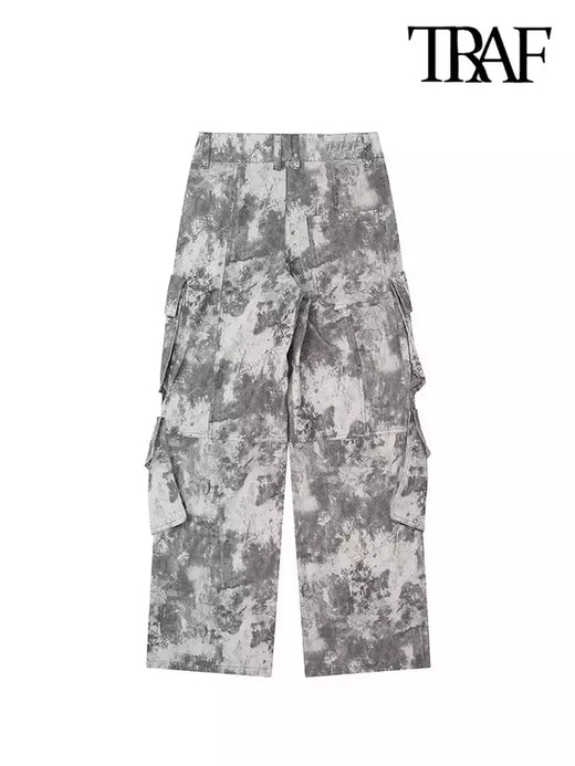 Calças TRAF-Cargo para Mulheres, Patch Pockets, Impresso, Cintura Média, Fly com Zíper, Streetwear, Calças Femininas, Moda