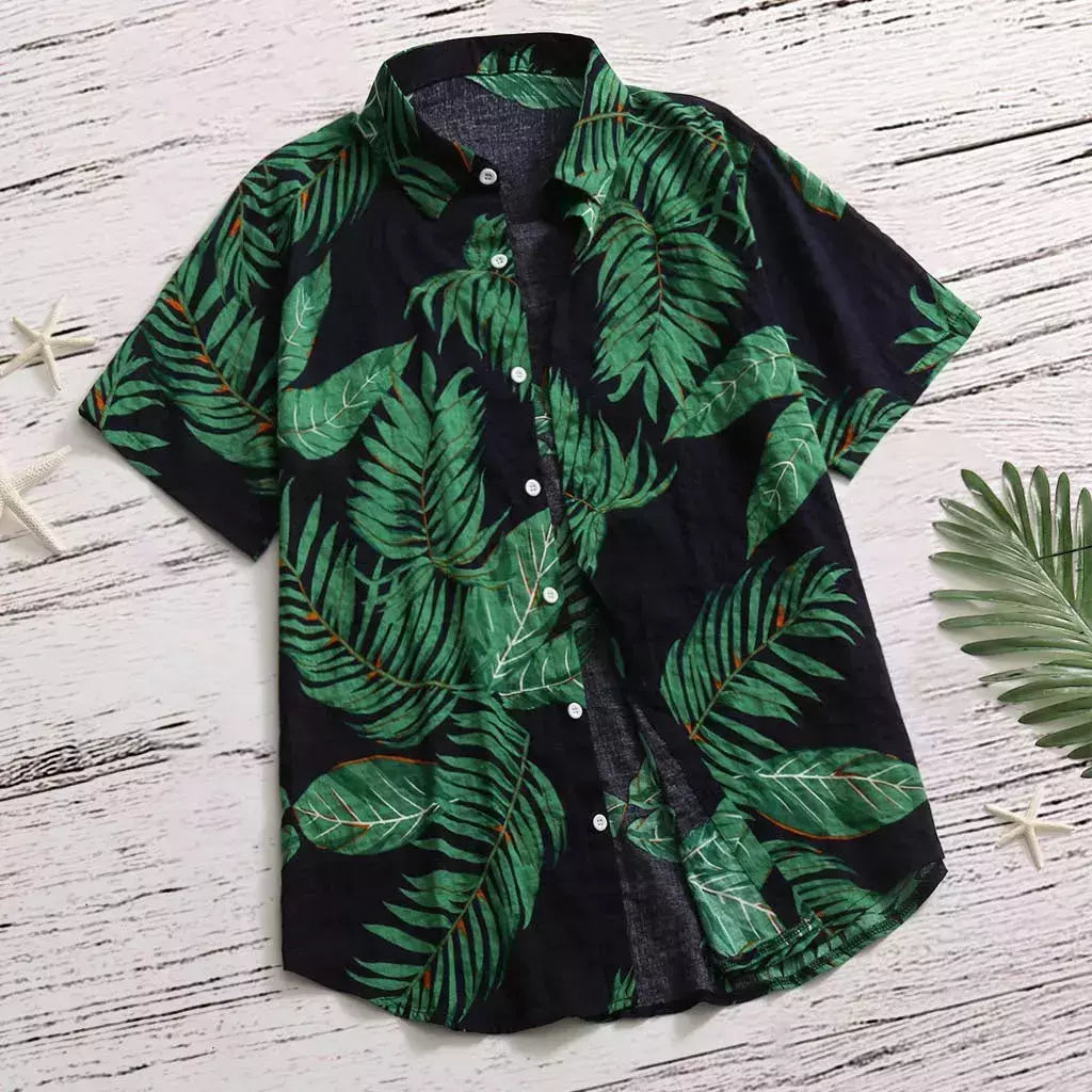 Camisa estampada de folhas havaianas masculina, feriado, manga curta, vermelho, gola virada para baixo, férias, tops de praia, roupa