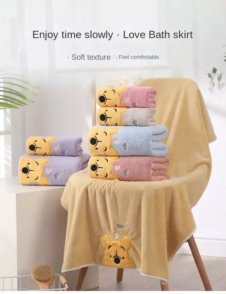 Winnie Bear Bath Towel Set para Crianças, Macio e Absorvente, Coral Velvet, Home Wash, Desenhos animados