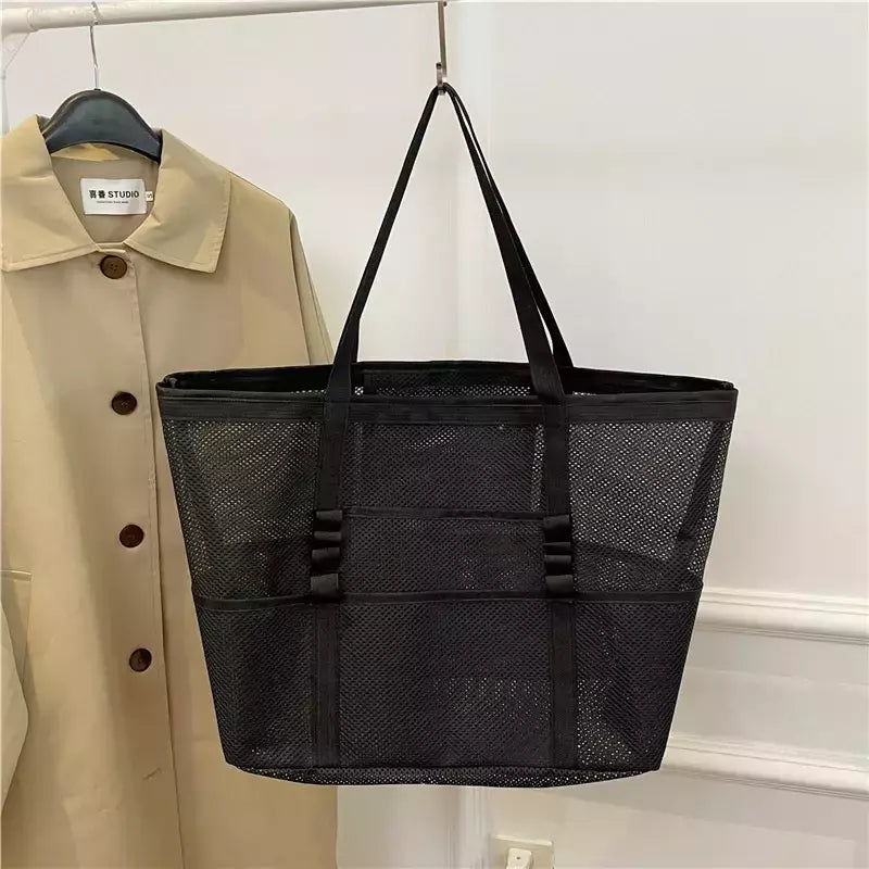 Bolsa de praia de malha portátil para mulheres, maquiagem, bolsa de lavagem, organizador de banho, Shopper Totes, verão