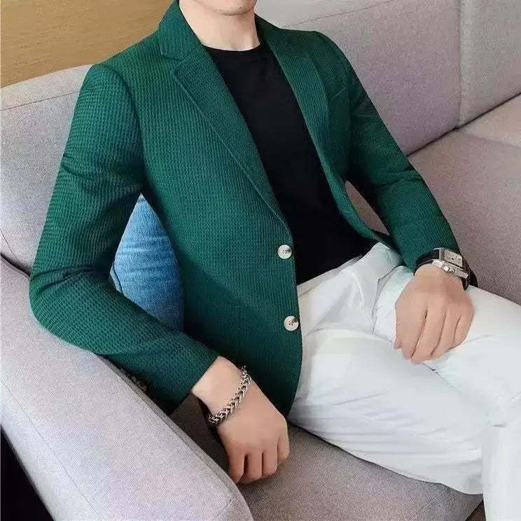 Ternos e blazers brancos masculinos, roupas estilo coreano, casacos com seios simples, jaquetas, jaqueta de waffle masculina, roupas