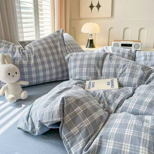 Conjunto de edredão reticulado com lençol e fronhas, roupa de cama quente, grade, completa, queen size, sem enchimento, novo, 2022, duplo
