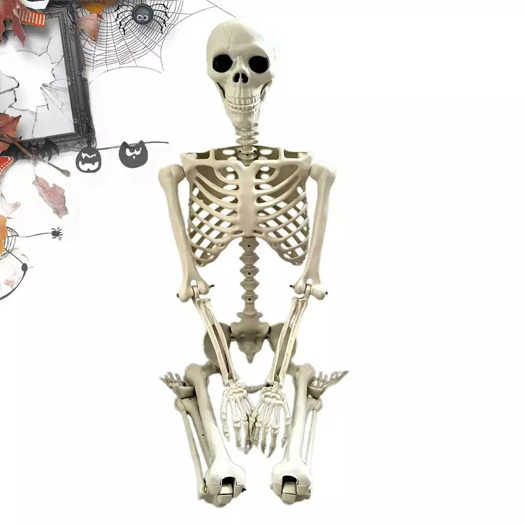 Esqueleto de halloween em tamanho real, esqueleto humano com articulações posáveis, resistente às intempéries, decoração de jardim, adereços fotográficos assustadores para feriados