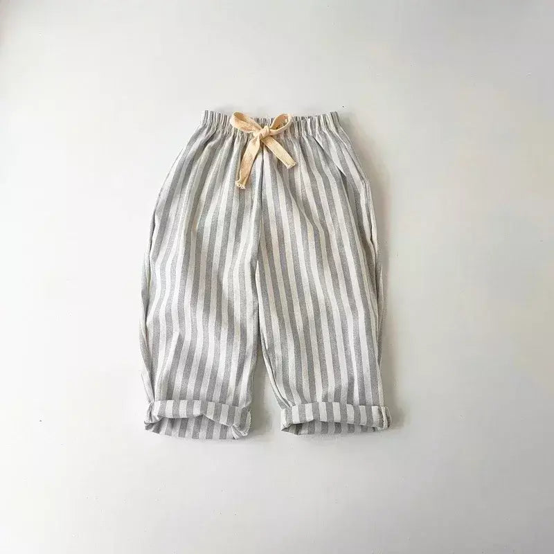 Primavera verão meninos listrado calças soltas bebê menina vintage casual linho algodão harlan calças crianças rendas-up calça crianças roupas