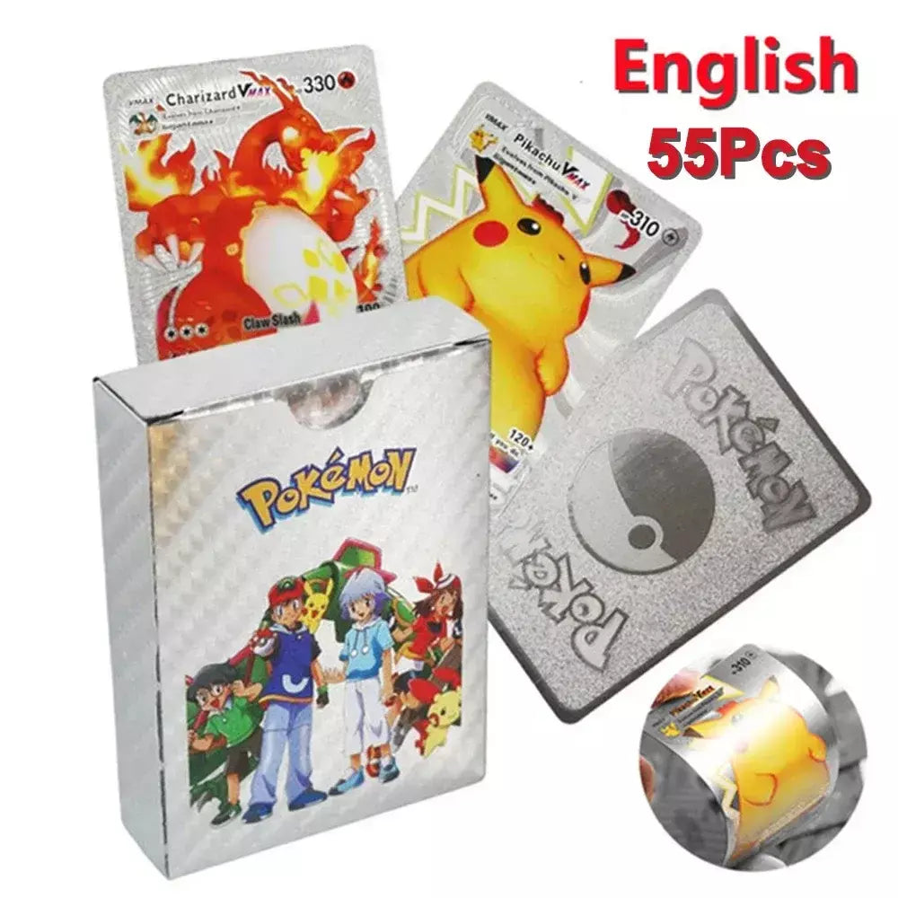 Cartão de folha de ouro colorido pokemon charizard pikachu arceus prata preto arco-íris inglês francês alemão espanhol vstar gx vmax cartões