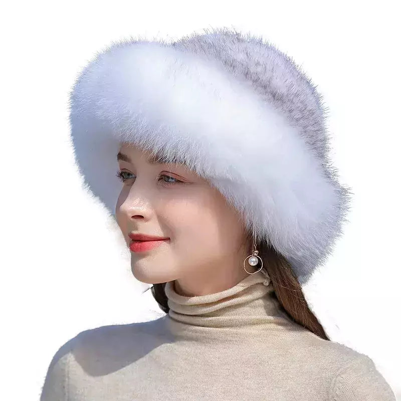 Chapéu de pele de vison genuíno para mulheres Boné de malha natural Gorros luxuosos Headwear de malha artesanal Pele de raposa real, moda inverno quente, nova