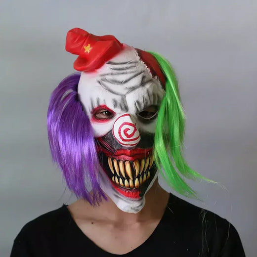 Máscara de palhaço assustador com cabelo verde roxo horror sorriso máscara facial traje de palhaço assustador halloween huanted casa prop