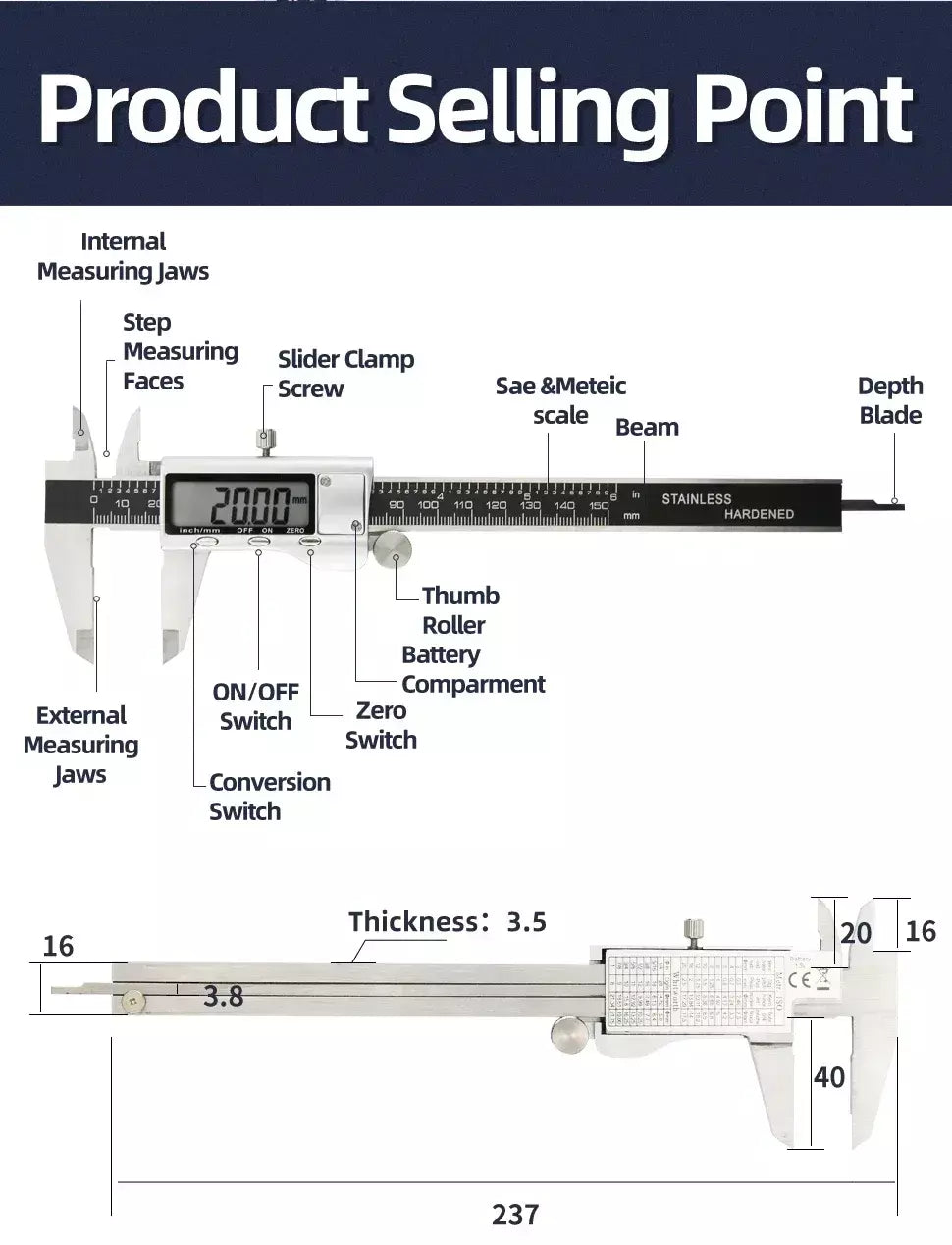 Paquímetro de metal digital pacômetro profissional vernier calibre ferramentas medição carpintaria medidor espessura profundidade régua eletrônica