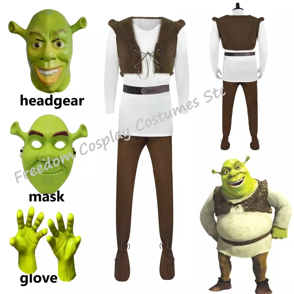 Filme monstro shrek cosplay trajes máscara shrek topo colete calças para homens desempenho role play halloween carnaval festa roupas