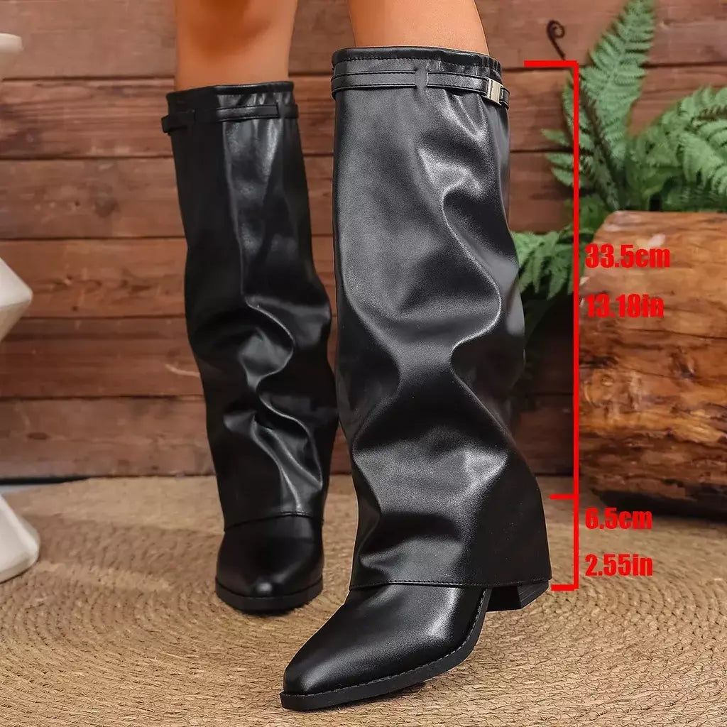 Moda plissada bota de salto alto outono novo tamanho grande estilo britânico calças de tubo alto bota feminina transfronteiriça lindamente