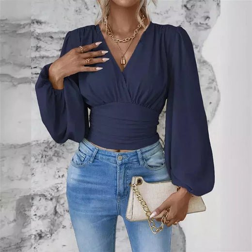 Pulôver feminino com decote V profundo, blusa feminina de manga comprida, tops casuais diários, cintura solta e magro, crossover, primavera, outono