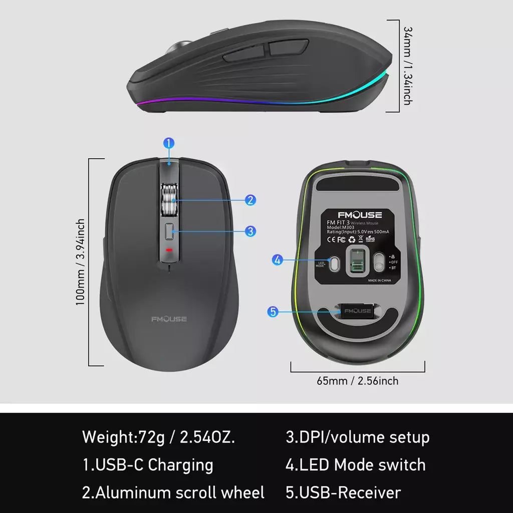 Mouse sem fio de modo duplo USB2.4G + BT5.1 Tipo-C Mouse para jogos recarregável Design ergonômico 2400 DPI com mouse de luz RGB