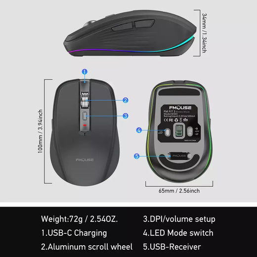 Mouse sem fio de modo duplo USB2.4G + BT5.1 Tipo-C Mouse para jogos recarregável Design ergonômico 2400 DPI com mouse de luz RGB