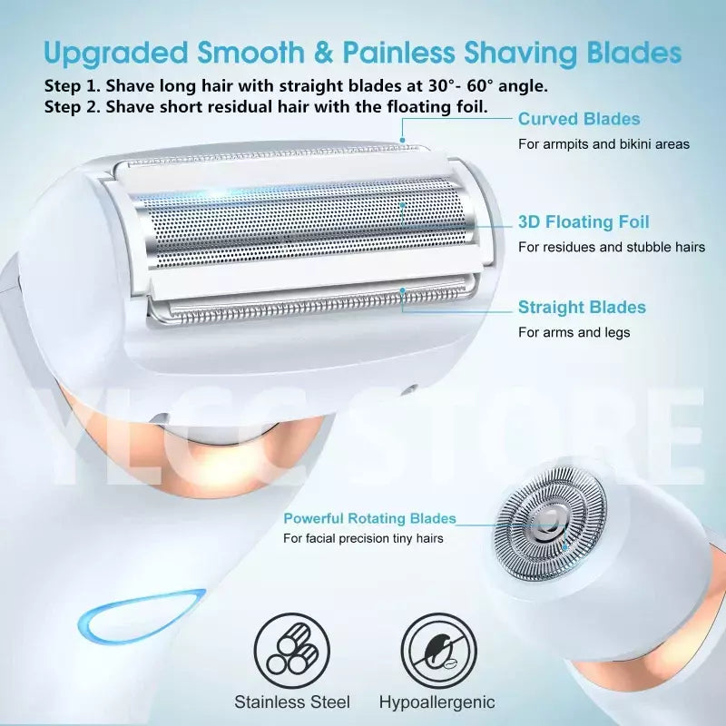 Lâminas elétricas para mulheres, biquíni aparador, rosto barbeadores, depilação, axilas e pernas, senhoras Body Trimmer, IPX7 impermeável, 2 em 1