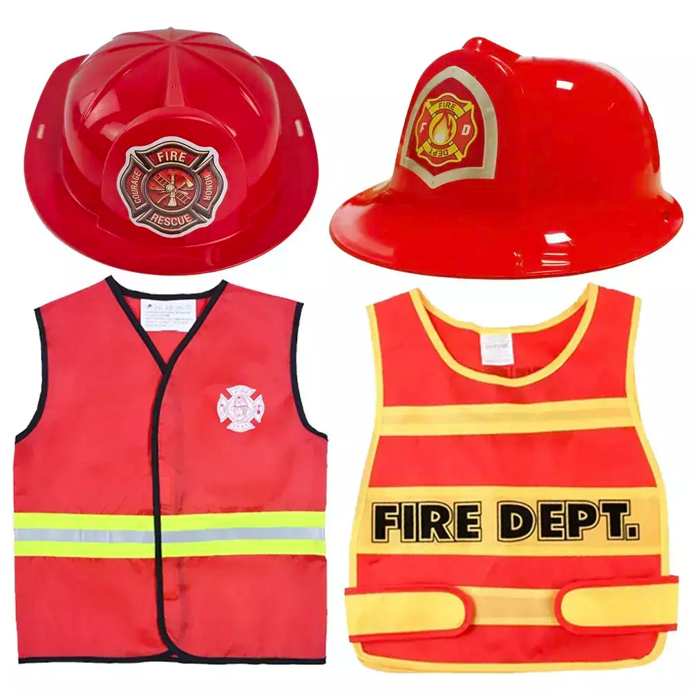 Conjunto de fantasia de bombeiro, chapéus e coletes, suprimentos para festa temática de bombeiro, fantasia para crianças, aniversário, dia das bruxas, vestido, suprimentos para festa