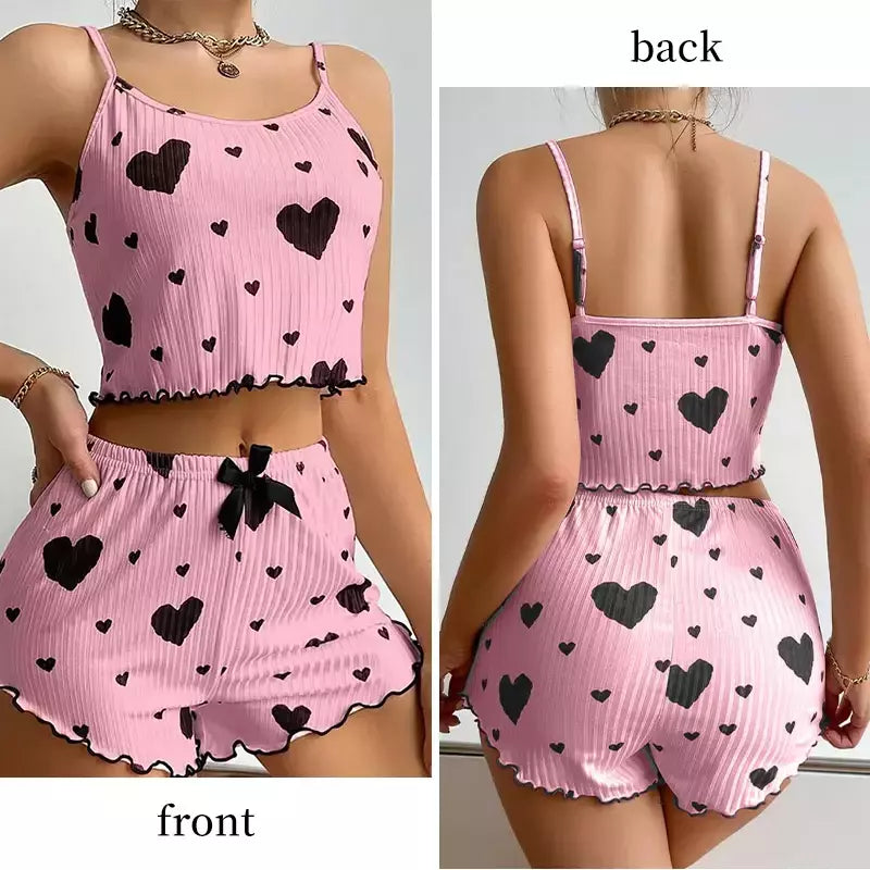 Ice Silk Suspender Pijama Conjunto com decoração em forma de coração impresso para senhoras, verão 2 peças