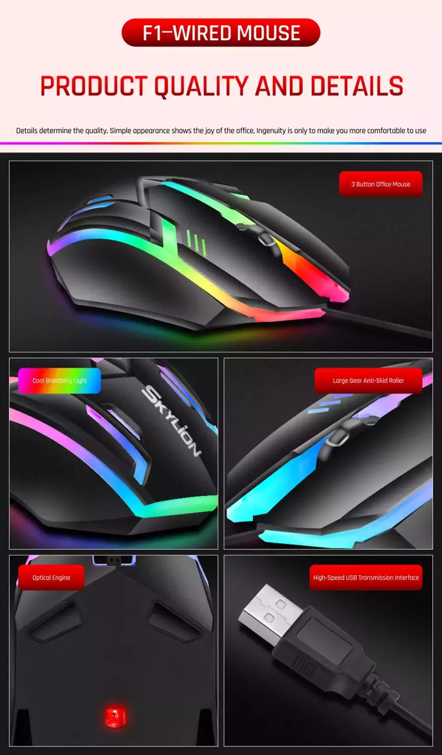 SKYLION F1 Wired 3 Teclas Mouse Iluminação Colorida Jogos e Escritório Para Microsoft Windows e Apple IOS System
